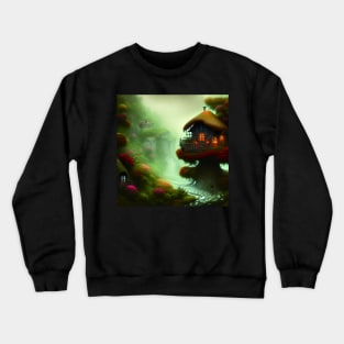 Sparkling Fantasy Cottage with Lights and Glitter Background in Forest, Scenery Nature Crewneck Sweatshirt